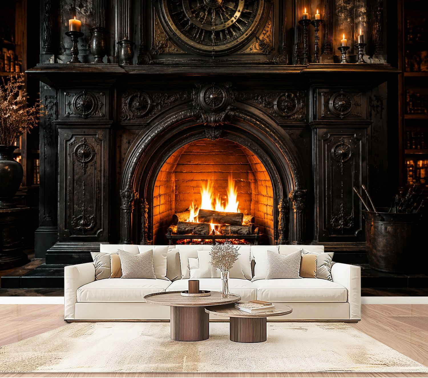 Vintage Fireplace Flames Wallpaper Elegant design dark wood accents ...