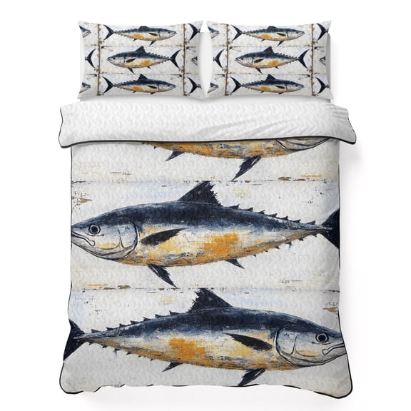 Vintage Fish 3 Piece Quilt Bedding Set with 2 Pillow Shams, Retro White Wooden Broad Blue Fish Ocean Lightweight Bedspread Coverlet, Soft Breathable All Season Quilt, 96 x 106 Inch
