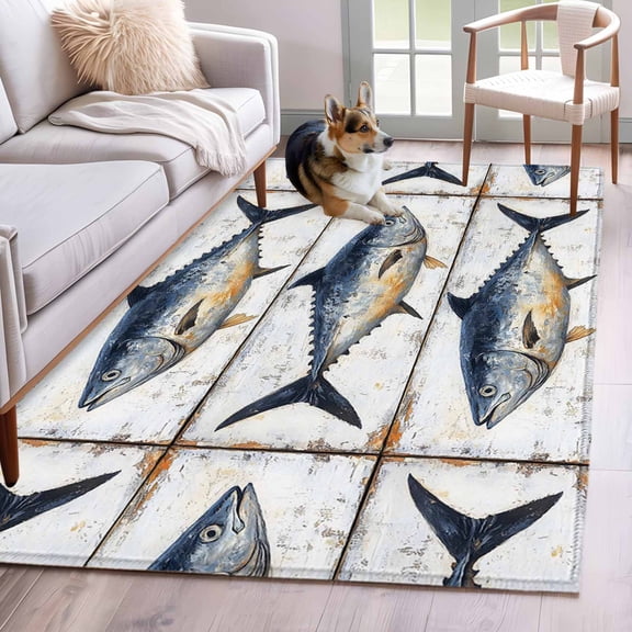 Vintage Fish Coastal Area Rug 4x6 Washable Rug Non Slip Summer Beach Nautical Ocean Large Area Rug Indoor Floor Carpet for Entryway Bedroom Kitchen Living Room Home Office Dining Room Nursery