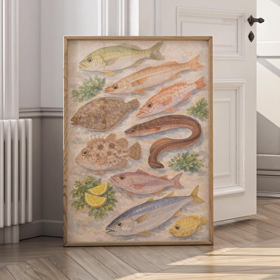 Vintage Fish Coastal Seafood Illustration Nautical Ocean Fish Chart Beach House Poster Unframed Paper Print