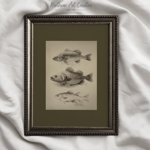Vintage Fish Etching Wall Art Print, Rustic Lake House Decor