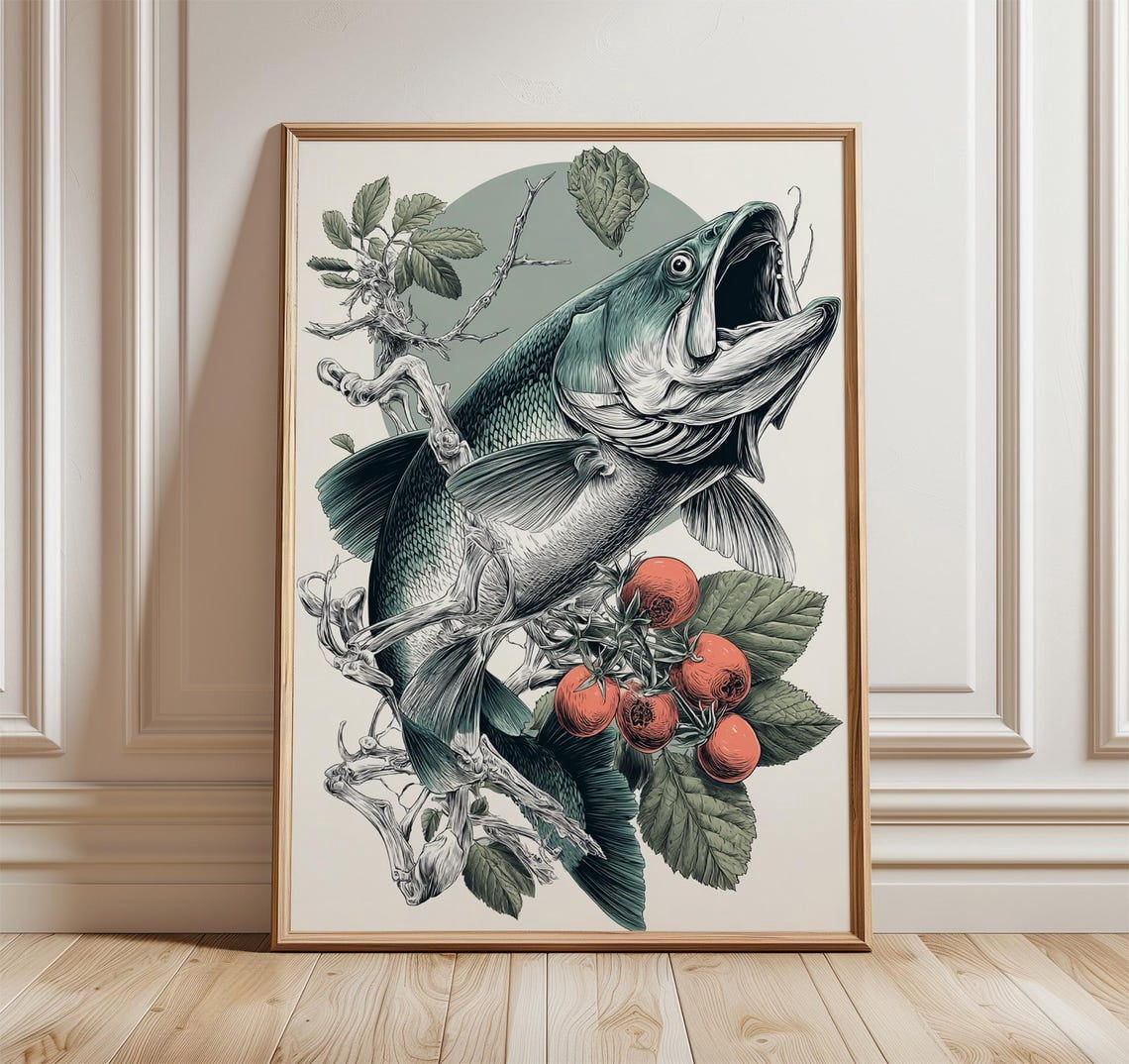Vintage Fish Illustration Detailed Botanical Berries Nature Rustic ...