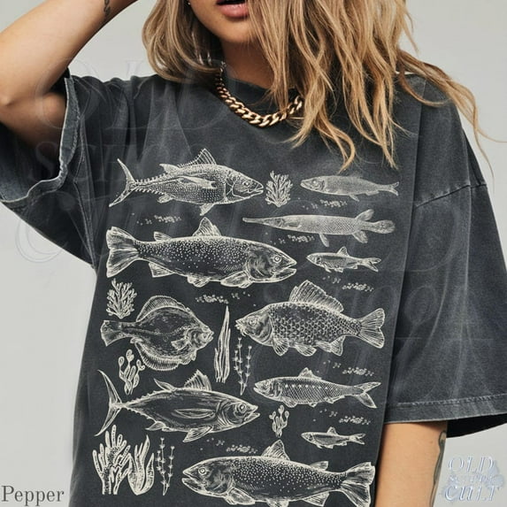 Vintage Fish Illustration Graphic Print T-Shirt | Retro Marine Biology Tee | Oceanic Nature Lover Unisex Top