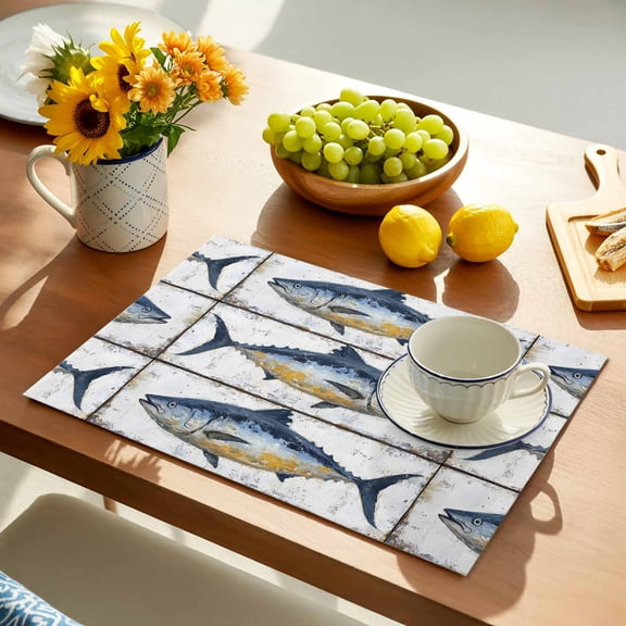 Vintage Fish Placemats Set of 1, Blue Fish Watercolor Retro White Broad Ocean Non-Slip Place Mats Washable Table Mats for Kitchen Dining Table Decorations Indoor/Outdoor