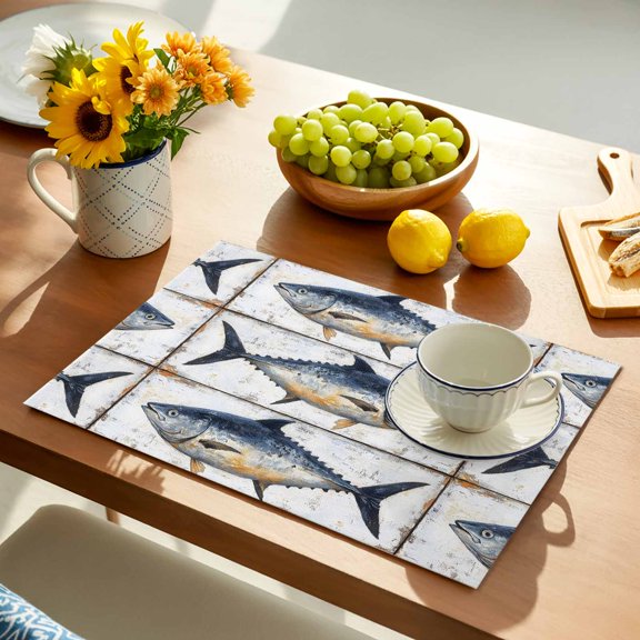 Vintage Fish Placemats Set of 2, Blue Fish Retro White Broad Watercolor Ocean Non-Slip Place Mats Washable Table Mats for Kitchen Dining Table Decorations Indoor/Outdoor