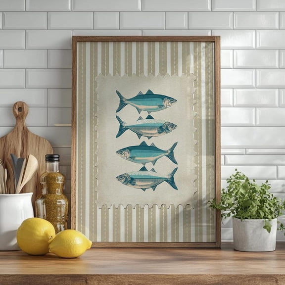 Vintage Fish Print Coastal Kitchen Wall Art Seafood Poster Beach House Artwork Mediterranean Apartment Nautical Striped Decor Sardines Print Wall Art Home Decor Office Wall Art