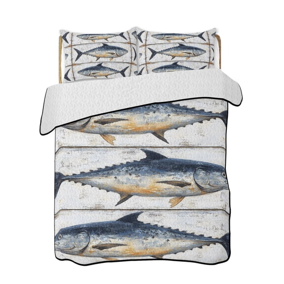 Vintage Fish Quilts Bedding Set Queen Size Blue Fish Retro White Broad Watercolor Ocean Lightweight Quilted Bedspread 3 Piece Bed Quilt with 2 Pillow Shams All Season for Bedroom 78" x 90"