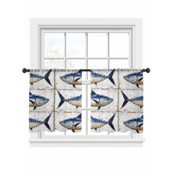 Vintage Fish Sheer Curtains 45 Inch Long 2 Panels, Blue Fish Retro White Wooden Broad Ocean Light Filtering Rod Pocket Curtains, Sheer Voile Drapes for Living Room Bedroom, 52"x45"