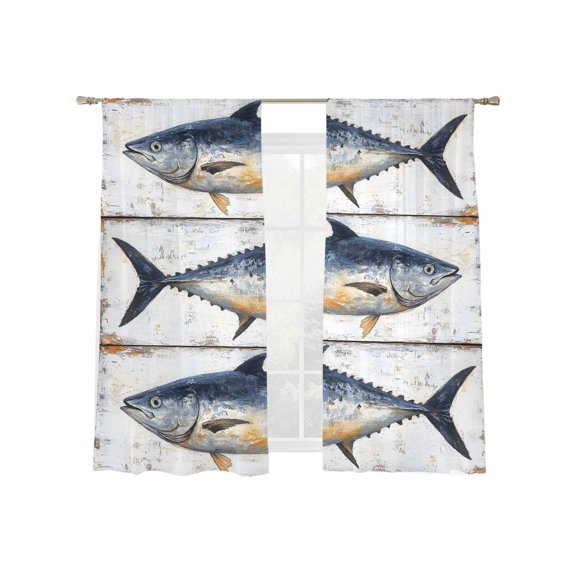 Vintage Fish Sheer Curtains 72 Inch Long 2 Panels, Blue Fish Retro White Broad Watercolor Ocean Light Filtering Rod Pocket Curtains, Sheer Voile Drapes for Living Room Bedroom, 52"x72"