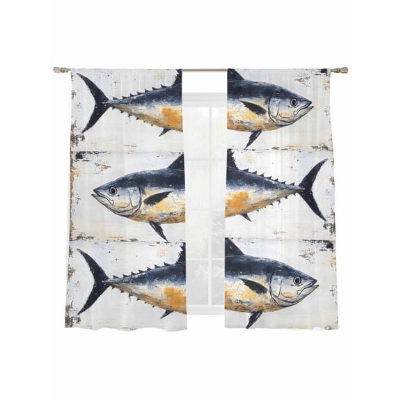 Vintage Fish Sheer Curtains 72 Inch Long 2 Panels, Retro White Wooden Broad Blue Fish Ocean Light Filtering Rod Pocket Curtains, Sheer Voile Drapes for Living Room Bedroom, 52"x72"