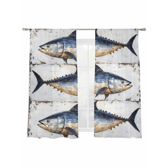 Vintage Fish Sheer Curtains 72 Inch Long 2 Panels, Watercolor Blue Fish Retro White Broad Ocean Light Filtering Rod Pocket Curtains, Sheer Voile Drapes for Living Room Bedroom, 52"x72"