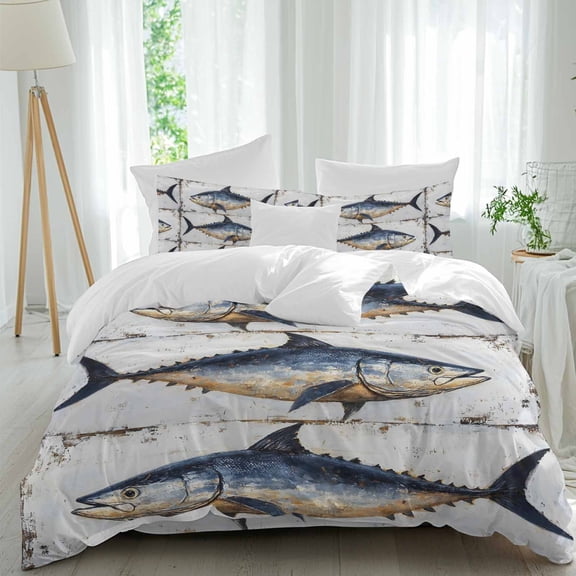 Vintage Fish Twin Size Comforter Set, Watercolor Blue Fish Retro White Broad Ocean Bedding for All Seasons, 4 Pcs Bed Set, 1 Quiltcover (68"x86") ,1Sheet(67"x116"), 2Pillowcases (30"x20")