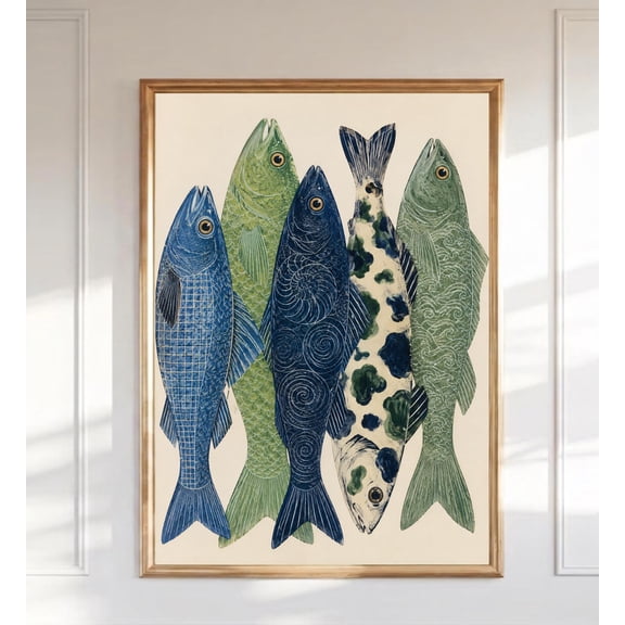 Vintage Fish Wall Art Coastal Nautical Print Blue Green Fish Illustration Farmhouse Kitchen Decor Lake House Art Fisherman Gift