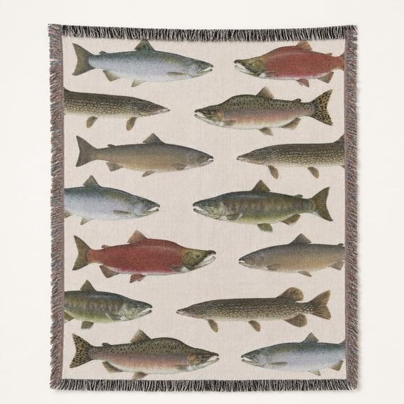 Vintage Fish Woven Cotton Throw Blanket, Salmon Trout Lake House Cabin Decor, Fringed Fishing Gift for Men