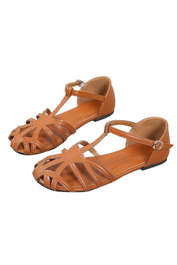 Vintage Fisherman Sandals for Women Hollow Closed Toe T-Strap Flat Sandal Casual Summer Classic Gladiator Walking Shoes
