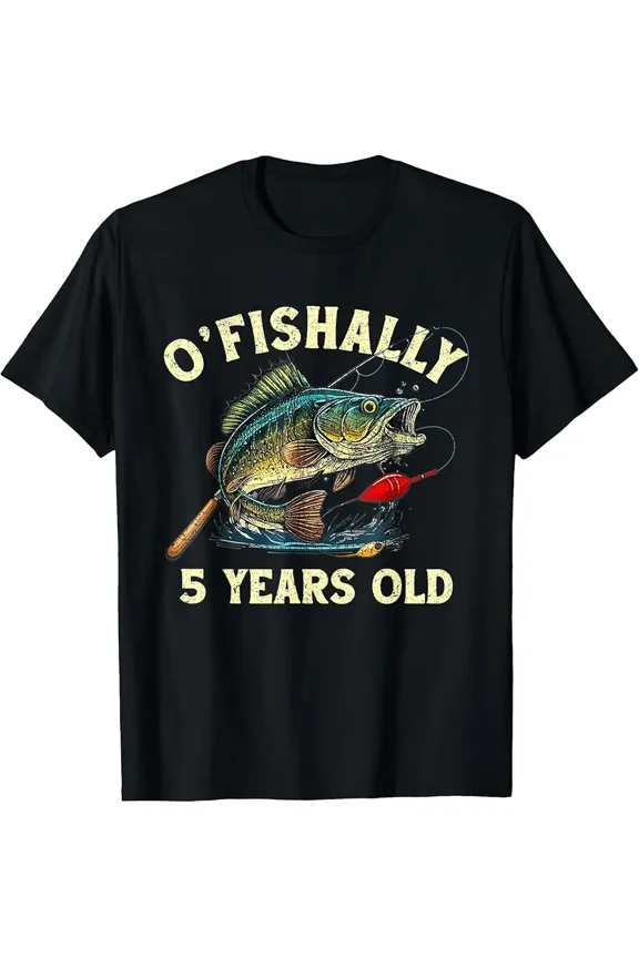 Vintage Fishing Bass O'Fishally 5 Years Old Birthday Pun Unisex Short Sleeve Graphic T-Shirt