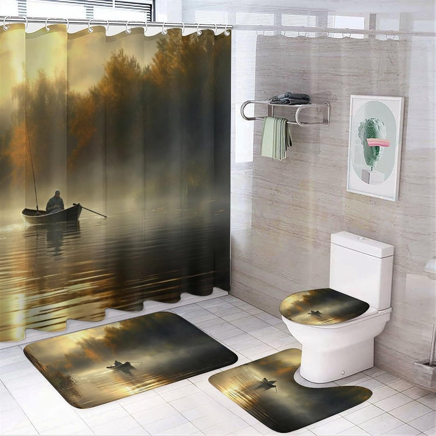 Vintage Fishing Boat Shower Curtain Set 4 Piece Sets with Non-Slip Rugs,Toilet Lid Cover and Bath Mat Rustic Lake Woods Fisherman Waterproof Shower Curtain with 12 Hooks Bathroom Set Home Decor