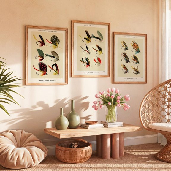 Vintage Fishing Fly Art Prints Angler Decor Set 3 Stretched Canvas 16x24