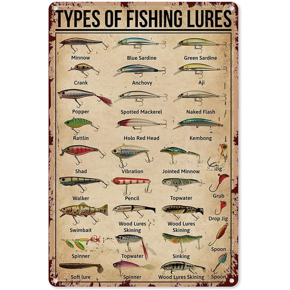 Vintage Fishing Lures Metal Sign Tin Wall Decor 8x12 Inch Retro Knowledge Plaque for Home Man Cave Garage Bar Cafe Kitchen