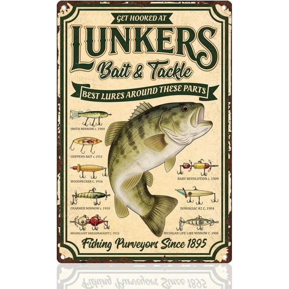 Vintage Fishing Metal Wall Sign Get Hooked Design 8 x 12 Inch Rustic Decor for Anglers