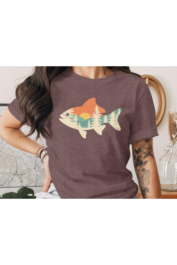 Vintage Fishing T-Shirt, Retro Mountain Lake Fish Graphic Tee, Outdoorsy Angler Shirt