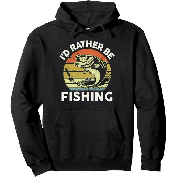 Vintage Fishing Theme Bass Print Hoodie - "I'D RATHER BE FISHING" Slogan Sweatshirt for Fisherman Gifts