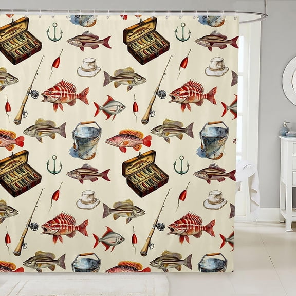 Vintage Fishing Theme Fabric Shower Curtain with Fish Lures and Anchors Waterproof Bathroom Decor 71x71 inches