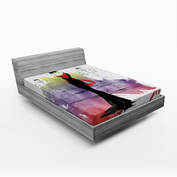 Vintage Fitted Sheet, Girl with Red Shawl on the Street with Lanterns Sixties Trends Retro Style Glamour, Soft Decorative Fabric Bedding, Full Size, Multicolor, by Ambesonne