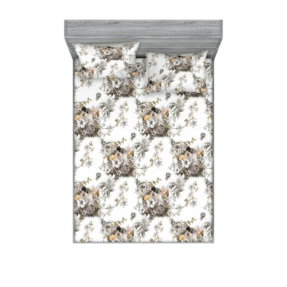 Vintage Fitted Sheet & Pillow Sham Set, Autumn Style Retro Flower Bouquets Blooming Fall Season Leaves Petals, Decorative Printed 3 Piece Bedding Decor, Queen, Cocoa Grey Pale Brown, by Ambesonne
