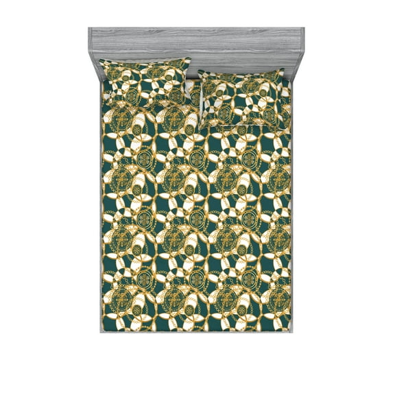 Vintage Fitted Sheet & Pillow Sham Set, Chains and Oriental Inspired Mandala Motifs Geometric Design, Decorative Printed 3 Piece Bedding Decor, King, Hunter Green and Earth Yellow, by Ambesonne