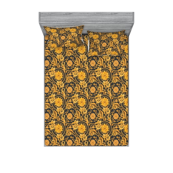 Vintage Fitted Sheet & Pillow Sham Set, Circular Chain and Flower Branches Art Deco Repeating Damask Inspired, Decorative Printed 3 Piece Bedding Decor, Full, Marigold Charcoal Grey, by Ambesonne