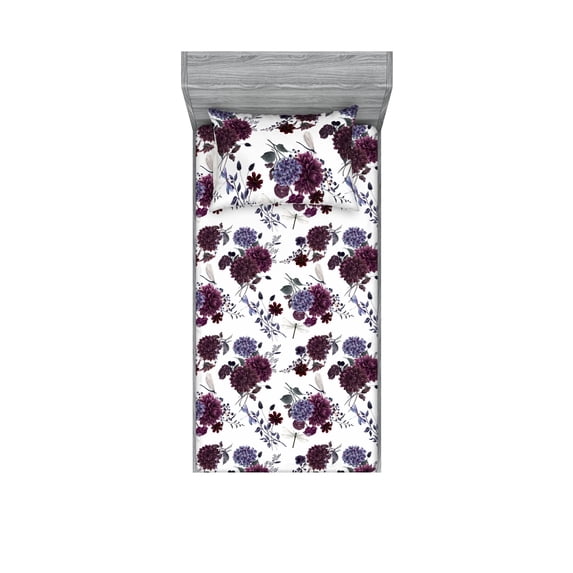 Vintage Fitted Sheet & Pillow Sham Set, Flora Concept Repetitive Dahlia Hydrangea Flowers Dragonfly Plain Back, Decorative Printed 2 Piece Bedding Decor, Twinxl, Dark Maroon Purpleblue, by Ambesonne