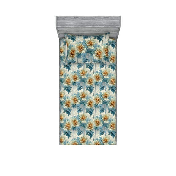 Vintage Fitted Sheet & Pillow Sham Set, Floral Composition with Digital Watercolor Effect Creamy Soft Colors, Decorative Printed 2 Piece Bedding Decor, Twinxl, Dark Cadet Blue Eggshell, by Ambesonne