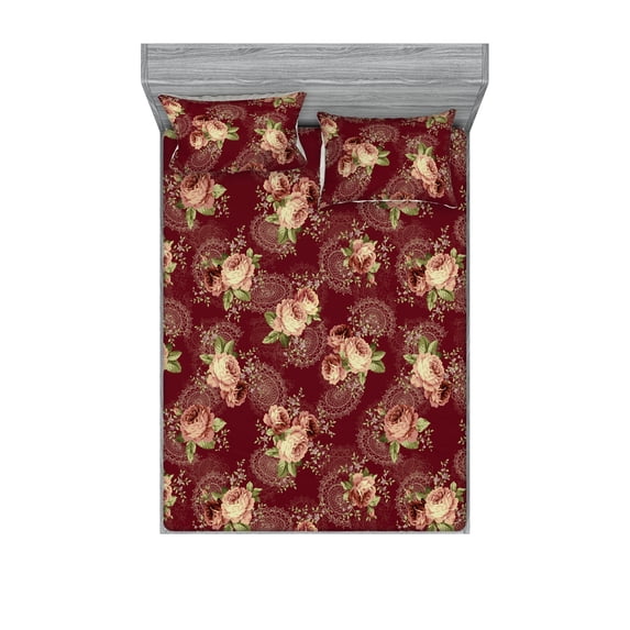 Vintage Fitted Sheet & Pillow Sham Set, Floral Theme Repetitive Rose Flowers and Leaves Pattern Illustration, Decorative Printed 3 Piece Bedding Decor, Calking, Army Green and Dark Rust, by Ambesonne