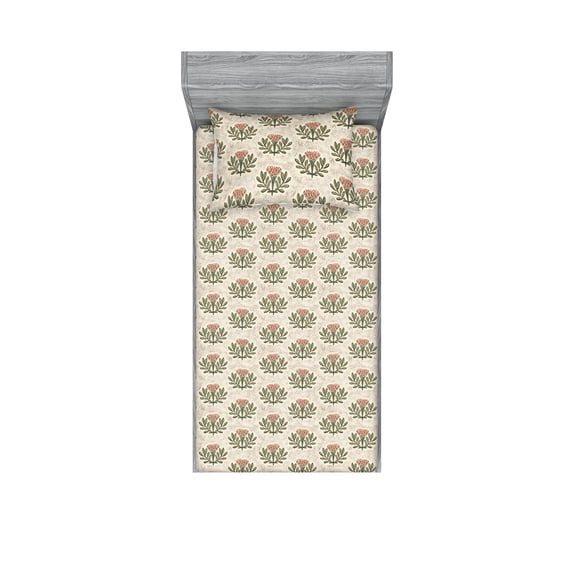 Vintage Fitted Sheet & Pillow Sham Set, Flowers and Leaf Print Branches Sketchy Painting Weathered Retro Art, Decorative Printed 2 Piece Bedding Decor, Twin, Eggshell and Olive Green, by Ambesonne