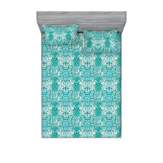 Vintage Fitted Sheet & Pillow Sham Set, Folk Pattern Swirling Leafy Branches and Flowers with Damask Boho Motif, Decorative Printed 3 Piece Bedding Decor, Full, Sky Blue Ivory Teal, by Ambesonne