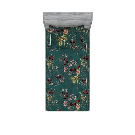 Vintage Fitted Sheet & Pillow Sham Set, Leaves Butterflies Flowers Pattern Minimalistic Style Nature Floral Art, Decorative Printed 2 Piece Bedding Decor, Twinxl, Dark Fuchsia and Tan, by Ambesonne