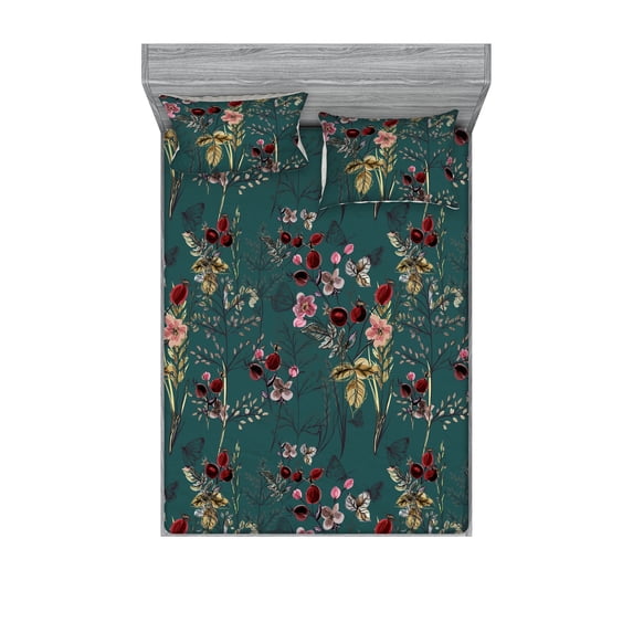 Vintage Fitted Sheet & Pillow Sham Set, Leaves Butterflies Flowers Pattern Minimalistic Style Nature Floral Art, Decorative Printed 3 Piece Bedding Decor, Queen, Dark Fuchsia and Tan, by Ambesonne