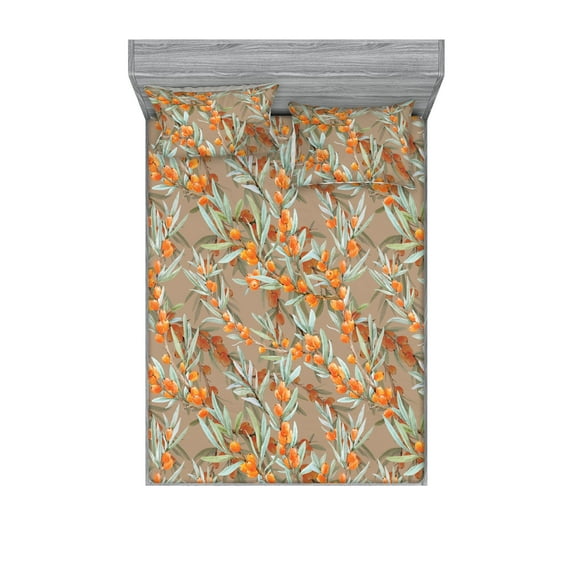Vintage Fitted Sheet & Pillow Sham Set, Leaves and Sea Buckthorn Berries Pattern Watercolor Art on Plain Back, Decorative Printed 3 Piece Bedding Decor, Calking, Dark Orange Pale Green, by Ambesonne