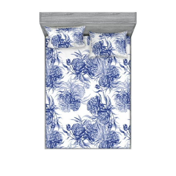 Vintage Fitted Sheet & Pillow Sham Set, Monochrome Hand-Drawn Flowers Pattern Floral Theme Art on Plain Back, Decorative Printed 3 Piece Bedding Decor, Calking, Dark Ceil Blue and Grey, by Ambesonne
