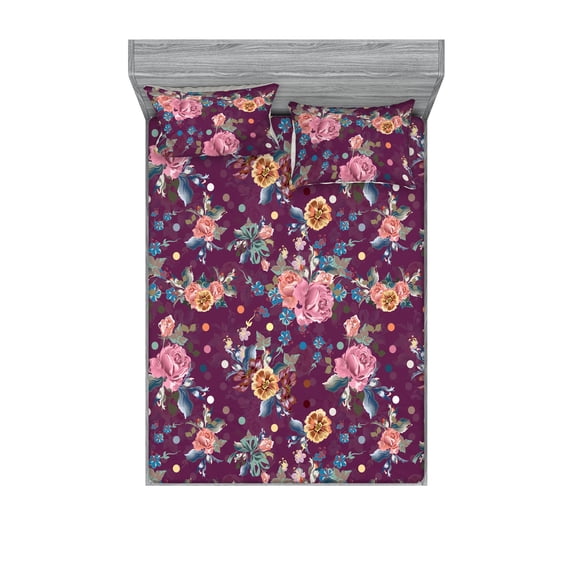 Vintage Fitted Sheet & Pillow Sham Set, Multicolored Flowers Leaves Floral Watercolor Style Illustration, Decorative Printed 3 Piece Bedding Decor, King, Cinnamon and Dark Lavender, by Ambesonne