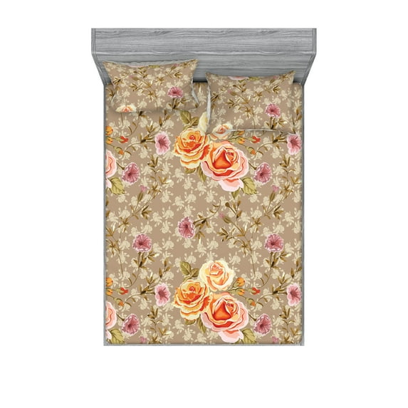 Vintage Fitted Sheet & Pillow Sham Set, Nature Bloom Nostalgic Style Illustrated Rose Drawings and Leaves Print, Decorative Printed 3 Piece Bedding Decor, Full, Warm Taupe Orange Rose, by Ambesonne