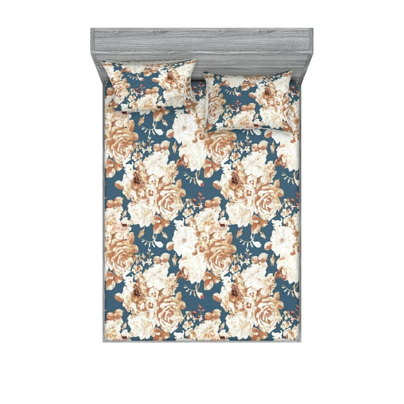 Vintage Fitted Sheet & Pillow Sham Set, Nostalgic Bouquet Classic Retro Fashion of Blooming Flowers, Decorative Printed 3 Piece Bedding Decor, Queen, Persian Orange and Slate Blue, by Ambesonne