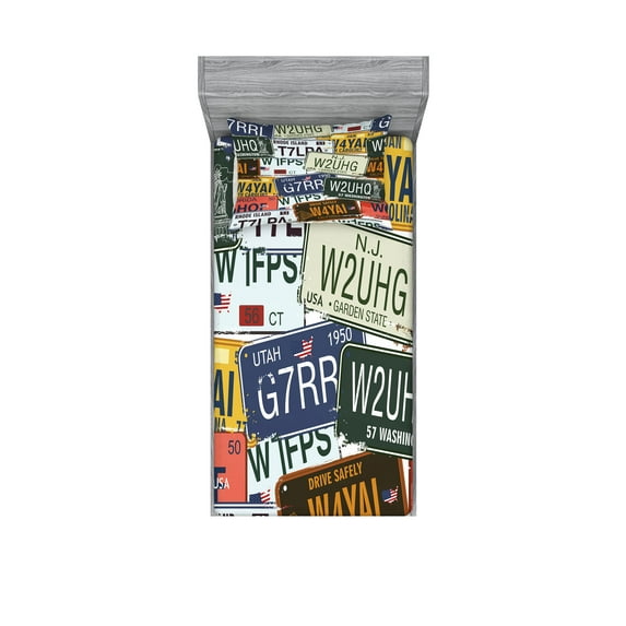 Vintage Fitted Sheet & Pillow Sham Set, Original Retro Style License Plates Personalized Creative Travel Vacation, Decorative Printed 4 Piece Bedding Decor Set, Twinxl, Green Blue Yellow, by Ambesonne