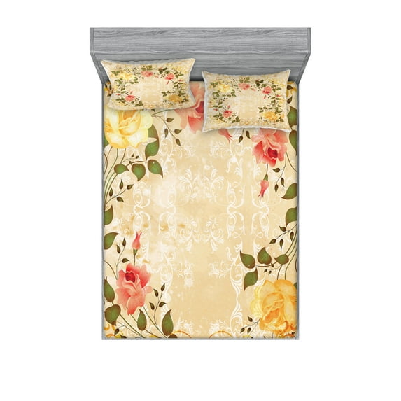 Vintage Fitted Sheet & Pillow Sham Set, Oval Shape Floral Crown Leaves and Roses over Damask Motif Shabby Boho, Decorative Printed 6 Piece Bedding Decor Set, Calking, Yellow Green Pink, by Ambesonne