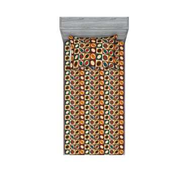 Vintage Fitted Sheet & Pillow Sham Set, Oval Shapes Eye Like Circular Squares with Colorful Design Repeated Art, Decorative Printed 2 Piece Bedding Decor, Twin, Brown Apricot and Teal, by Ambesonne
