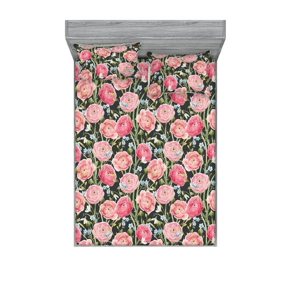 Vintage Fitted Sheet & Pillow Sham Set, Repeating Pattern of Pink-Tone Flowers Summer Floral Theme Art, Decorative Printed 3 Piece Bedding Decor, King, Dark Coral and Olive Green, by Ambesonne