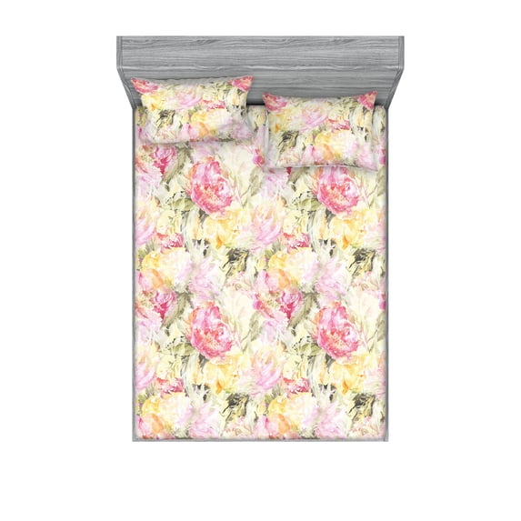 Vintage Fitted Sheet & Pillow Sham Set, Repetitive Overlapping Rose Flowers Floral Watercolor Illustration, Decorative Printed 3 Piece Bedding Decor, King, Dark Coral and Pale Ruby, by Ambesonne