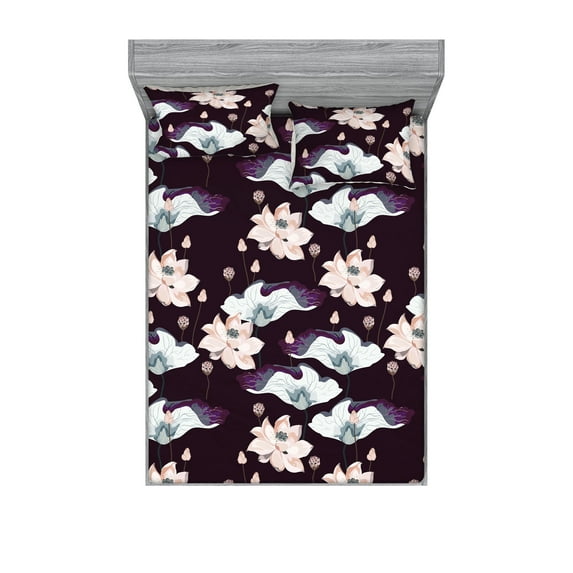 Vintage Fitted Sheet & Pillow Sham Set, Retro Floral Blooming Ornament Wild Boho Flowers Nostalgic Feels, Decorative Printed 3 Piece Bedding Decor, King, Dark Maroon and Pale Salmon, by Ambesonne