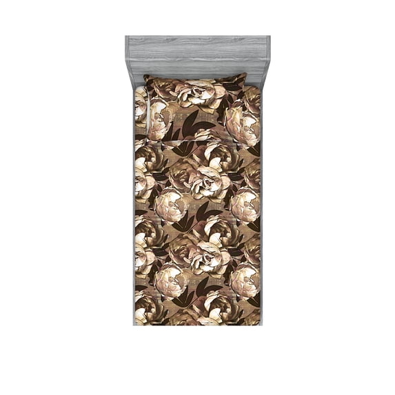 Vintage Fitted Sheet & Pillow Sham Set, Retro Style Print of Abstract Nostalgic Graphic Effect Peony Flowers, Decorative Printed 2 Piece Bedding Decor, Twinxl, Pale Brown and Dark Cocoa, by Ambesonne